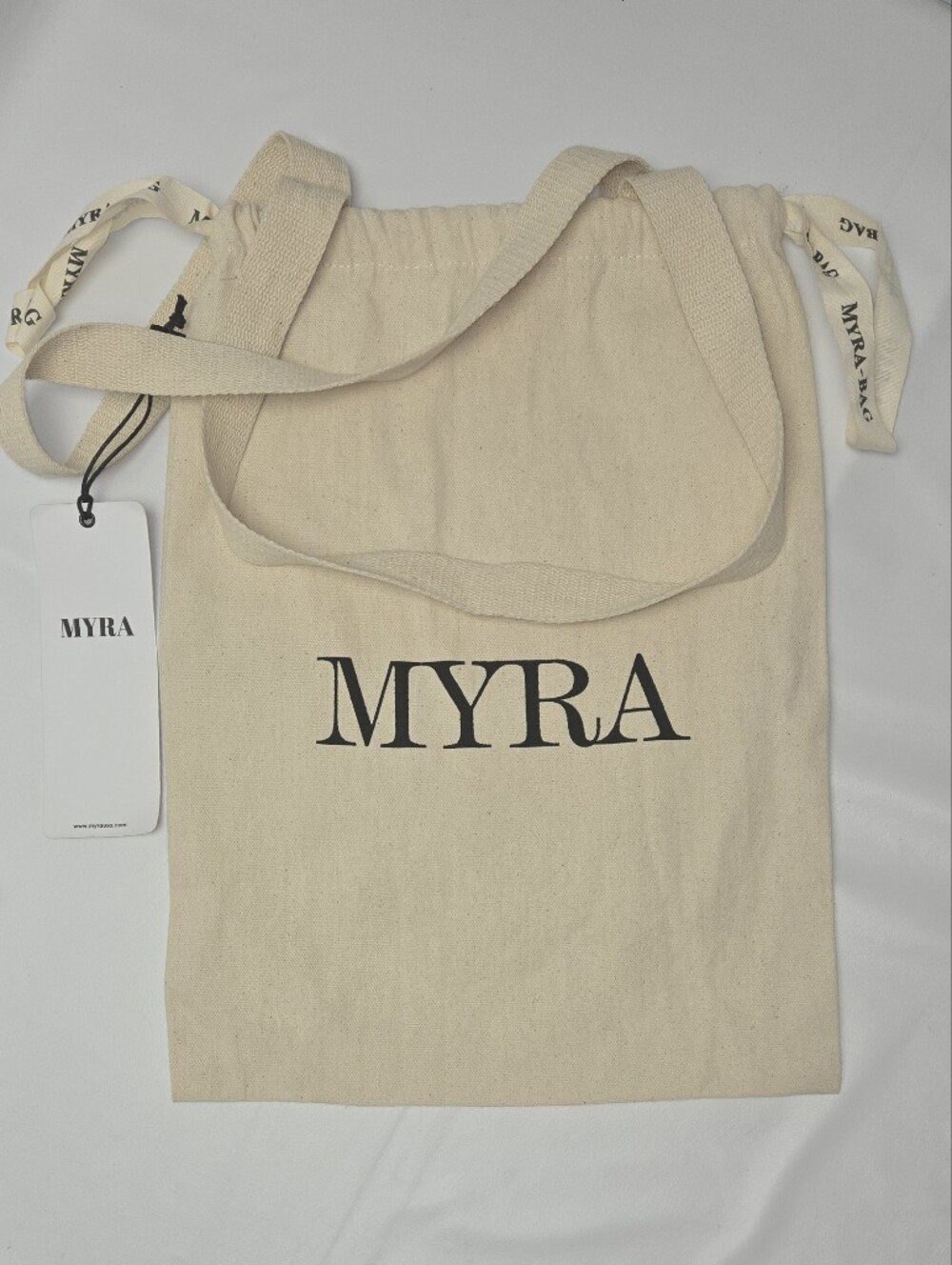 Myra Bag Beige Canvas Dust/tote with Black Logo "Smile More Today"